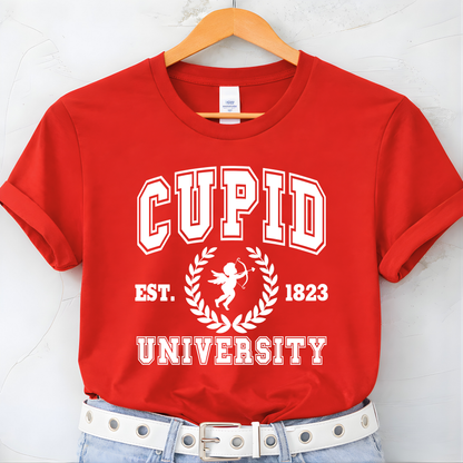 Detail shot of printed Cupid University design texture on sweatshirt fabric