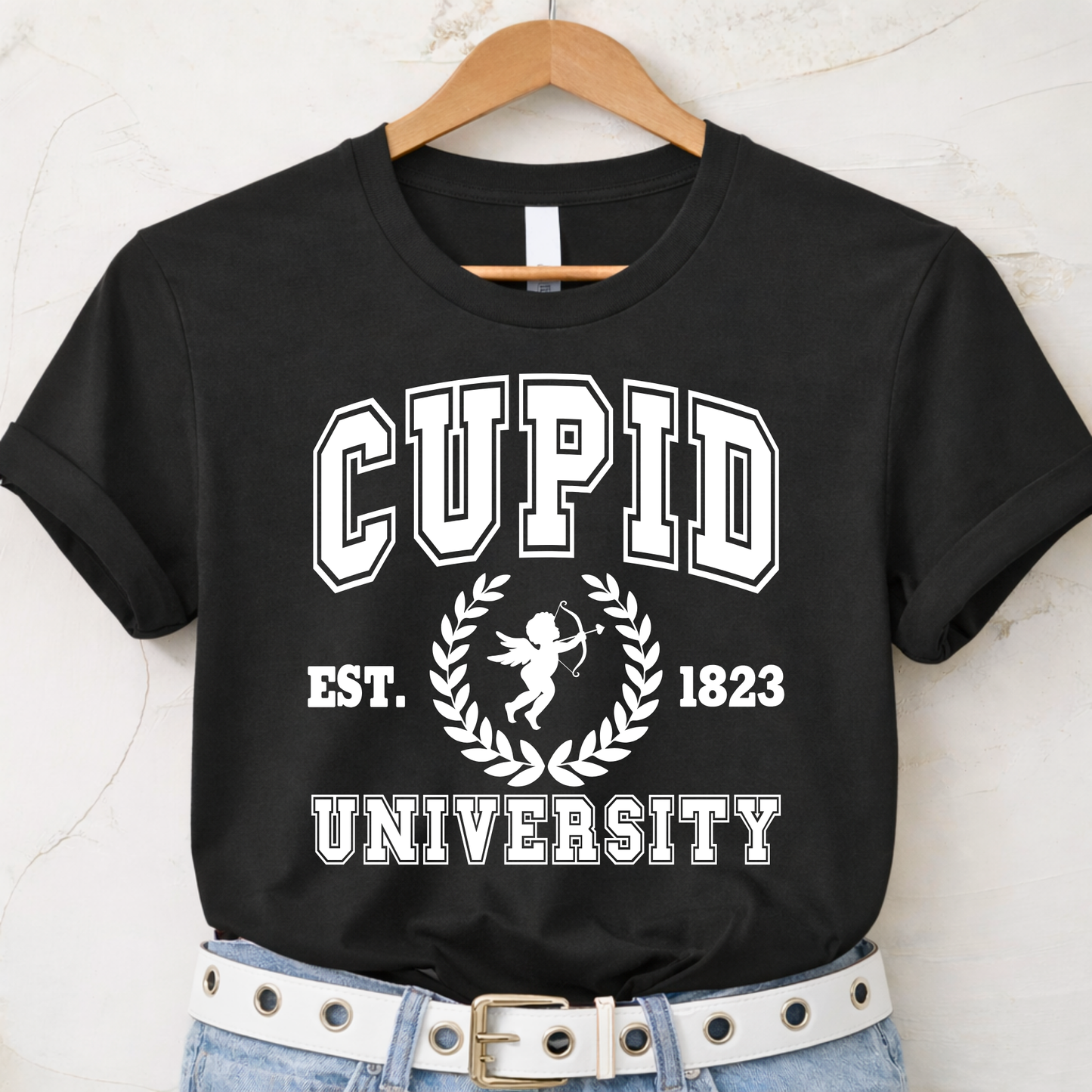 Lifestyle image of Cupid University sweatshirt styled casually for Valentine season