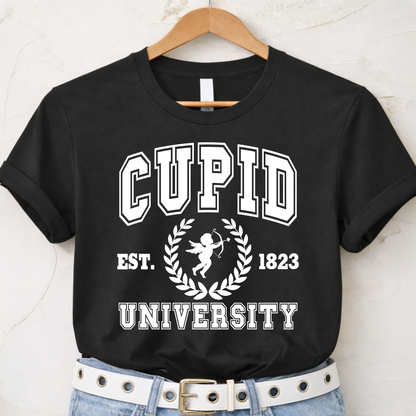 Lifestyle image of Cupid University sweatshirt styled casually for Valentine season
