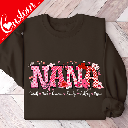 Custom Valentines Day shirt in Brown sweatshirt with 'NANA' and names printed on a wooden floor