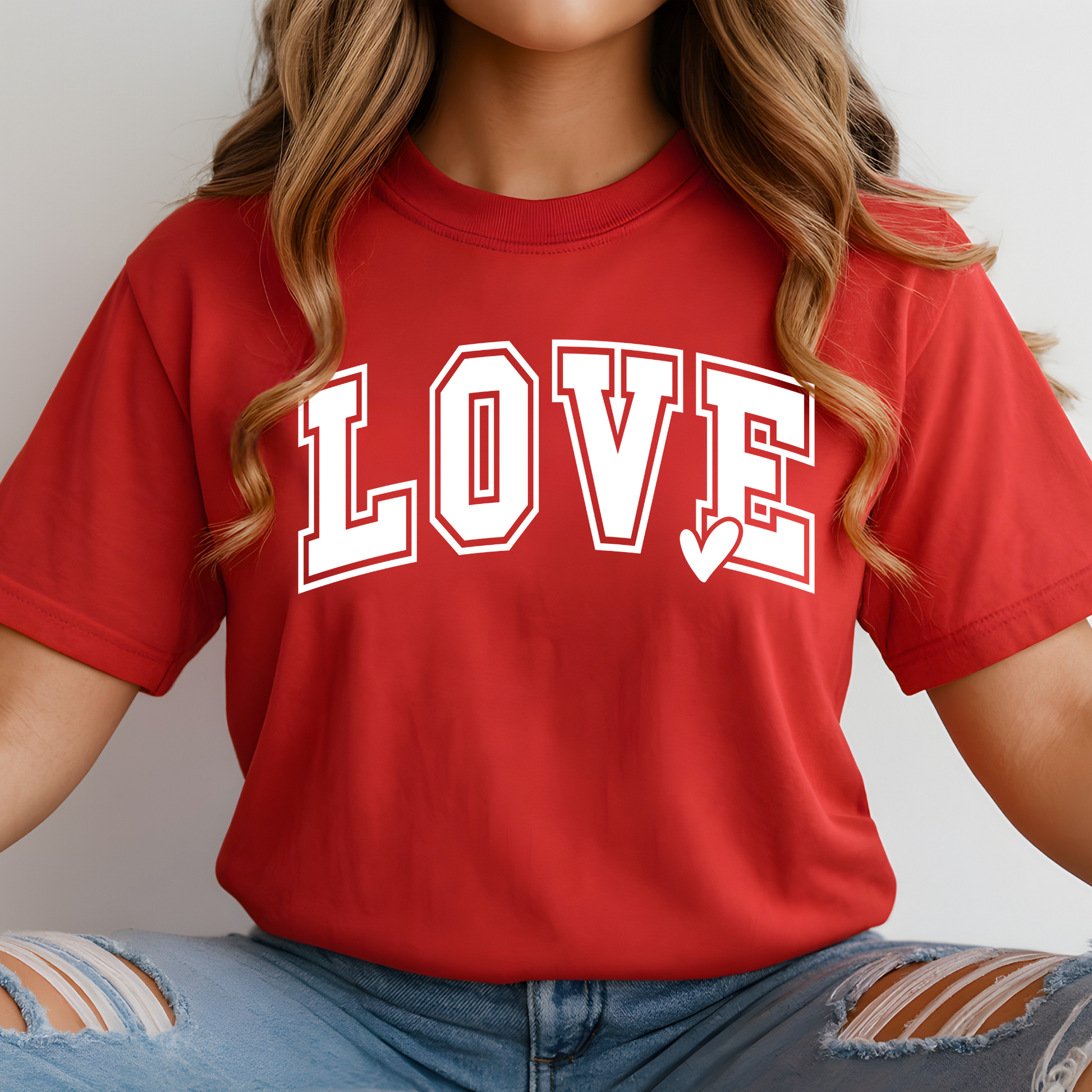 Cute LOVE graphic tee in red for women and teens