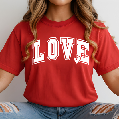 Cute LOVE graphic tee in red for women and teens