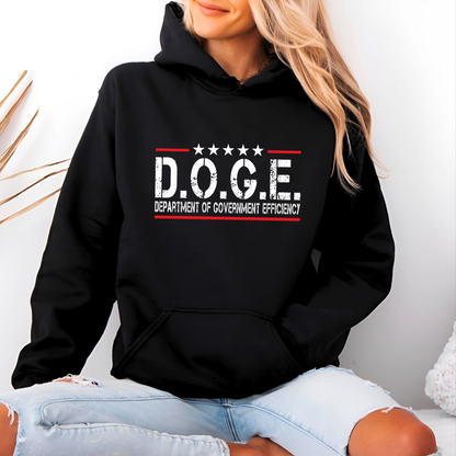 Woman wearing black hoodie with bold D.O.G.E. Department of Government Efficiency graphic in white and red, patriotic and sarcastic design