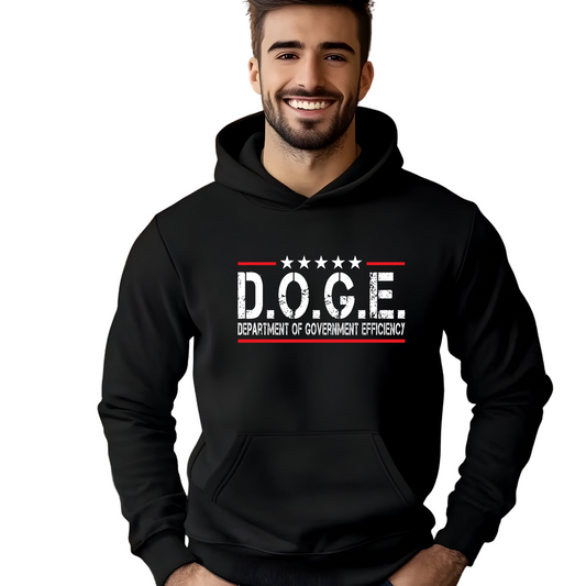 Man wearing black hoodie with D.O.G.E. Department of Government Efficiency graphic in white and red, sarcastic political design for conservatives

