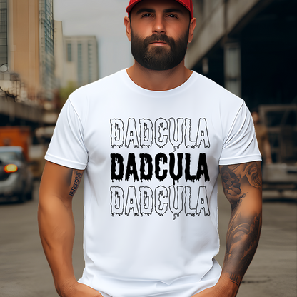 White Dadcula shirt modeled for Halloween dad outfit