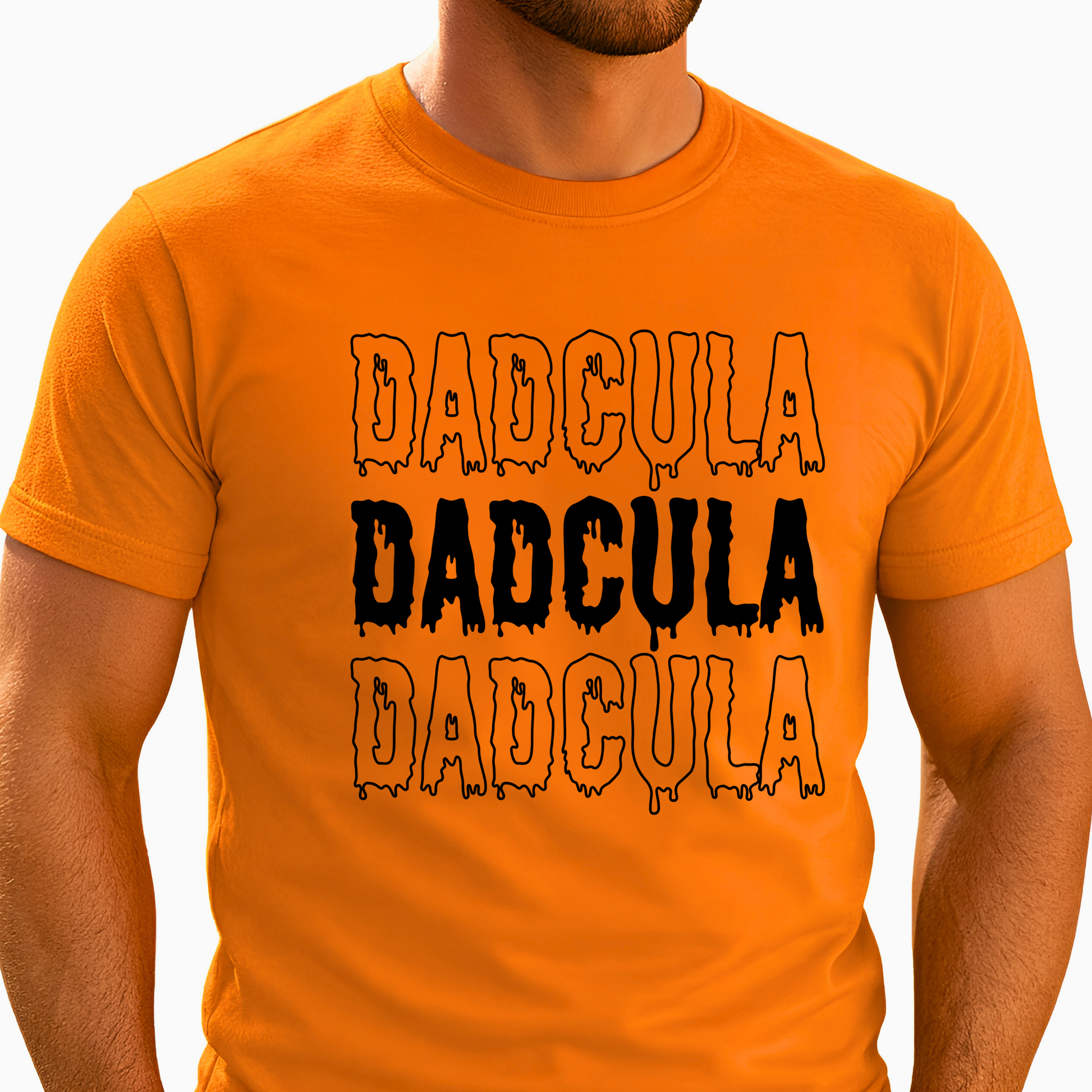 Orange Dadcula T-shirt shown on model, funny Halloween dad shirt