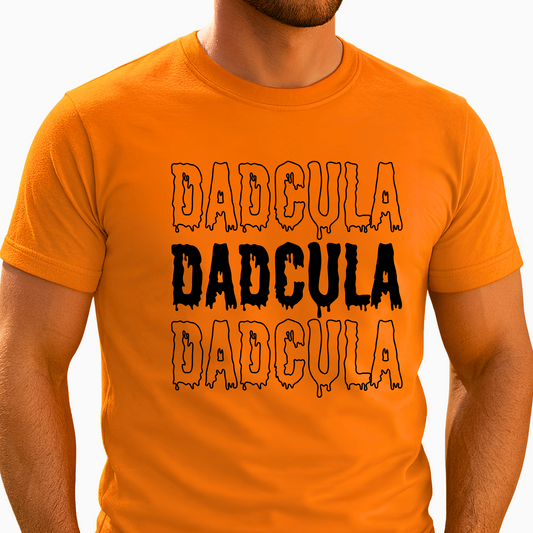 Orange Dadcula T-shirt shown on model, funny Halloween dad shirt