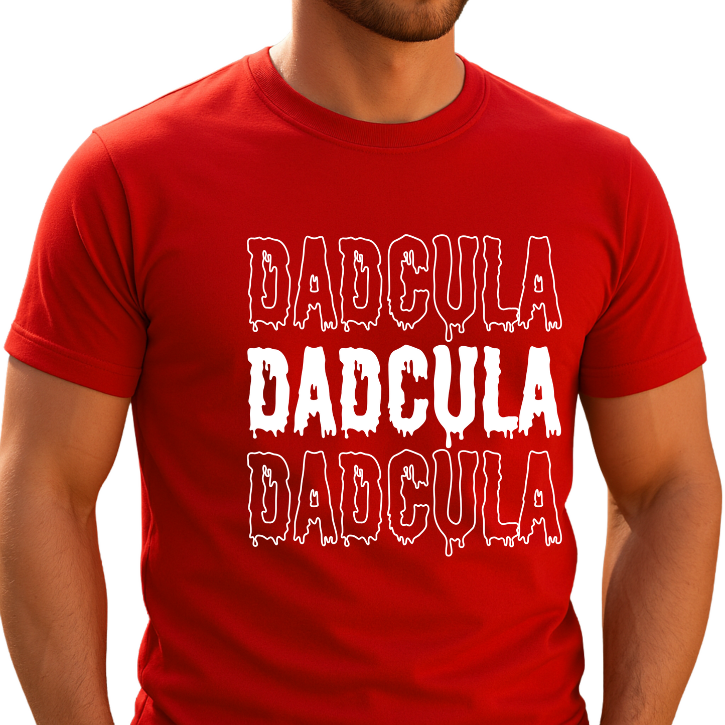 Red Dadcula graphic T-shirt with spooky vampire text design