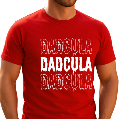 Red Dadcula graphic T-shirt with spooky vampire text design