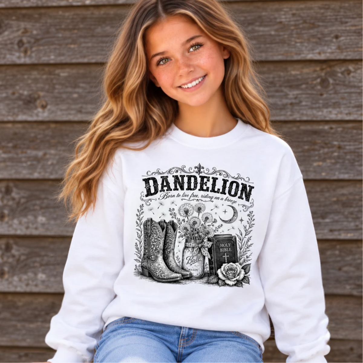 Girl wearing a white youth Dandelion crewneck sweatshirt with cowboy boots, Bible and floral graphic, seated against weathered wood siding.