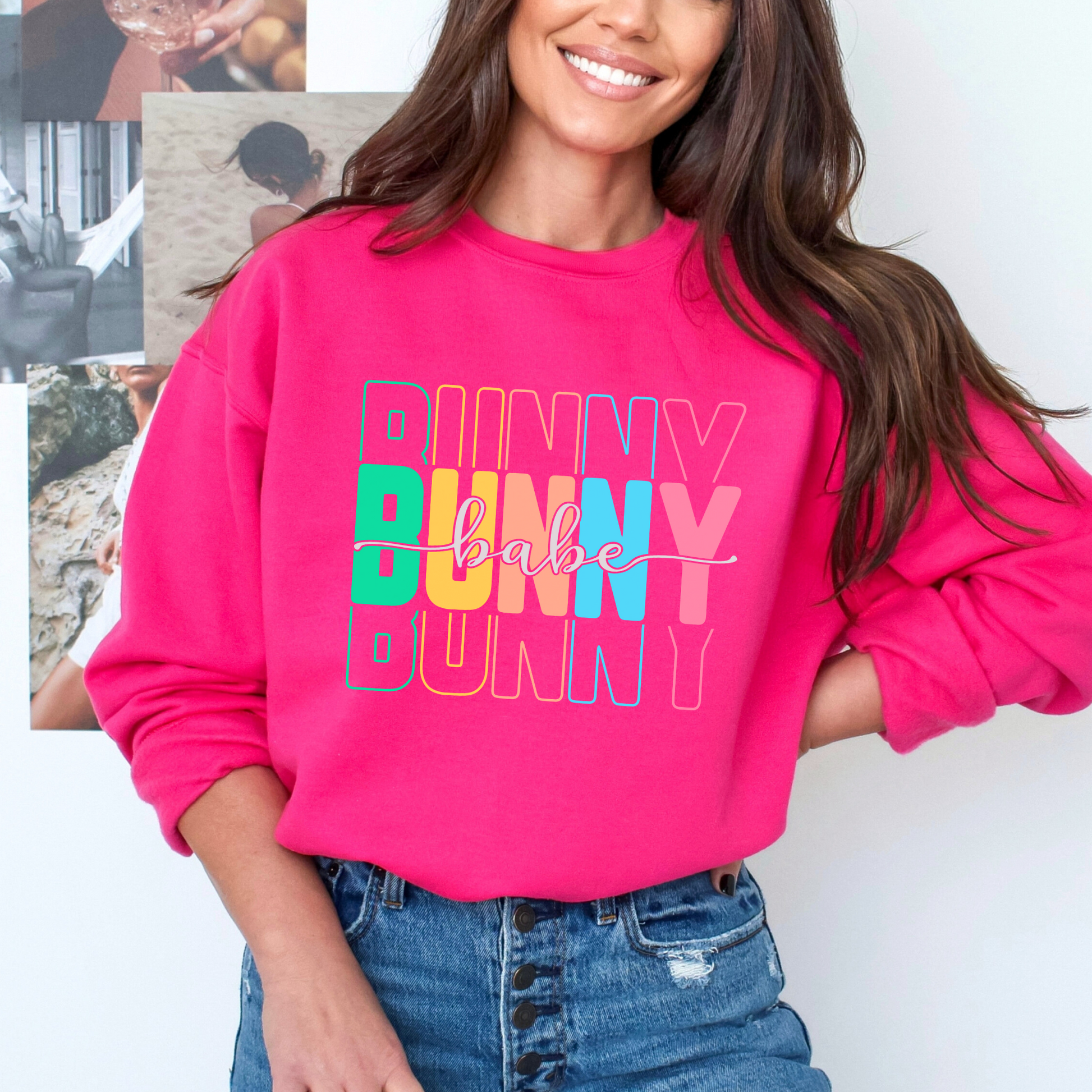 Pink Trendy Bunny Babe sweatshirt with colorful pastel typography, perfect for Easter, spring fashion, and cozy loungewear