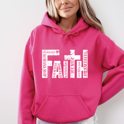 Bright Pink Christian hoodie featuring 'FAITH' in bold distressed white letters, designed with Bible verse references including John 3:16, Romans 10:17, Hebrews 11:1, and more. Inspirational religious sweatshirt for faith-based fashion.