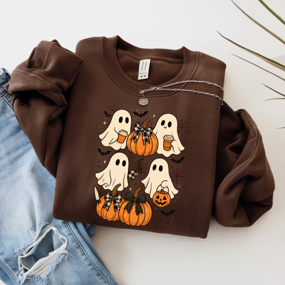 Dark brown Halloween ghost sweatshirt with pumpkin and cobweb print. Perfect cozy crewneck for spooky season, fall activities, and Halloween gatherings.