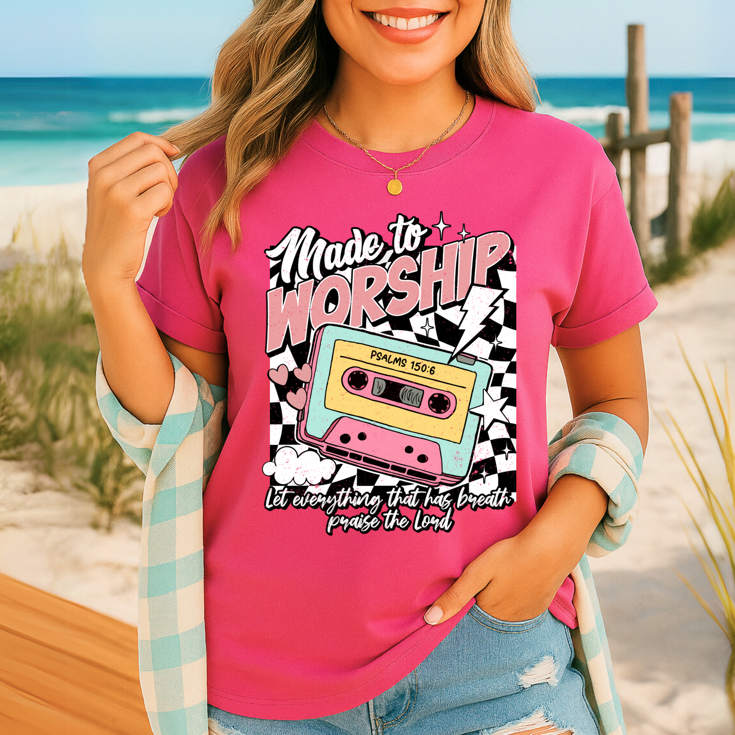 Dark pink positive retro cassette shirt