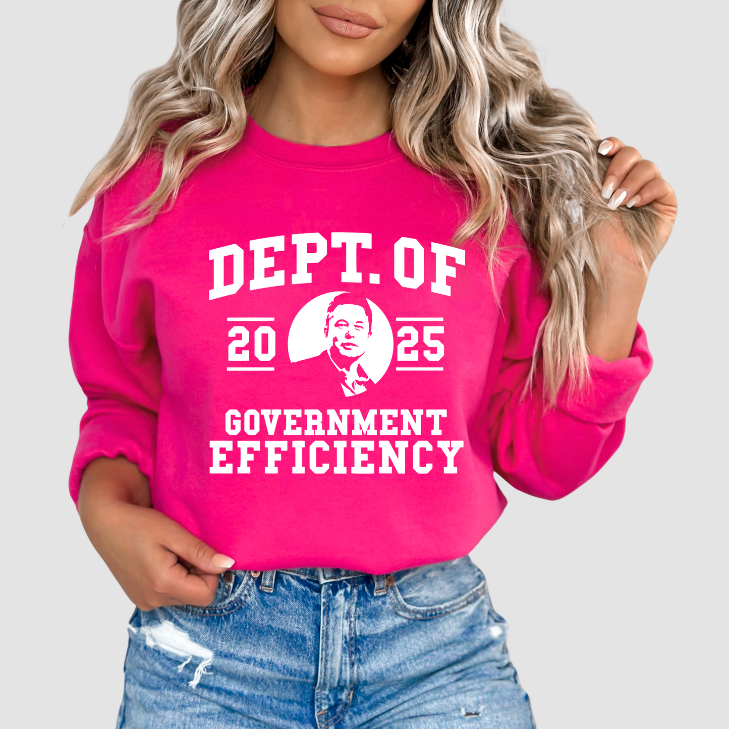 Unisex hot pink sweatshirt with 'Dept. of Government Efficiency 2025' design featuring a bold white DTF print. Perfect for political humor enthusiasts.
