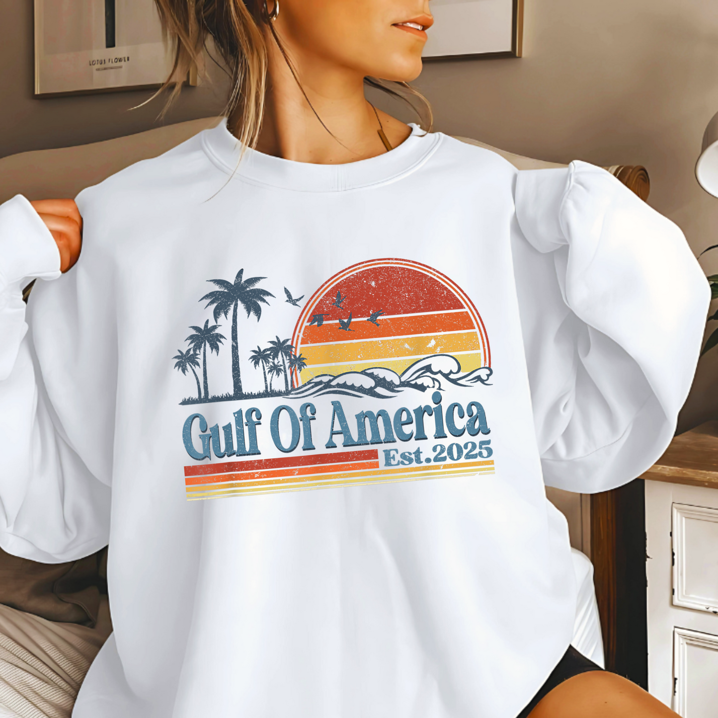 Distressed vintage sunset sweatshirt with tropical print