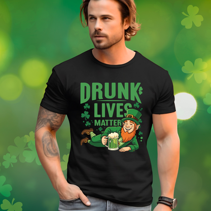 Man wearing a navy blue St. Patrick’s Day t-shirt featuring a relaxed leprechaun holding a beer mug with the text 'Drunk Lives Matter' surrounded by shamrocks