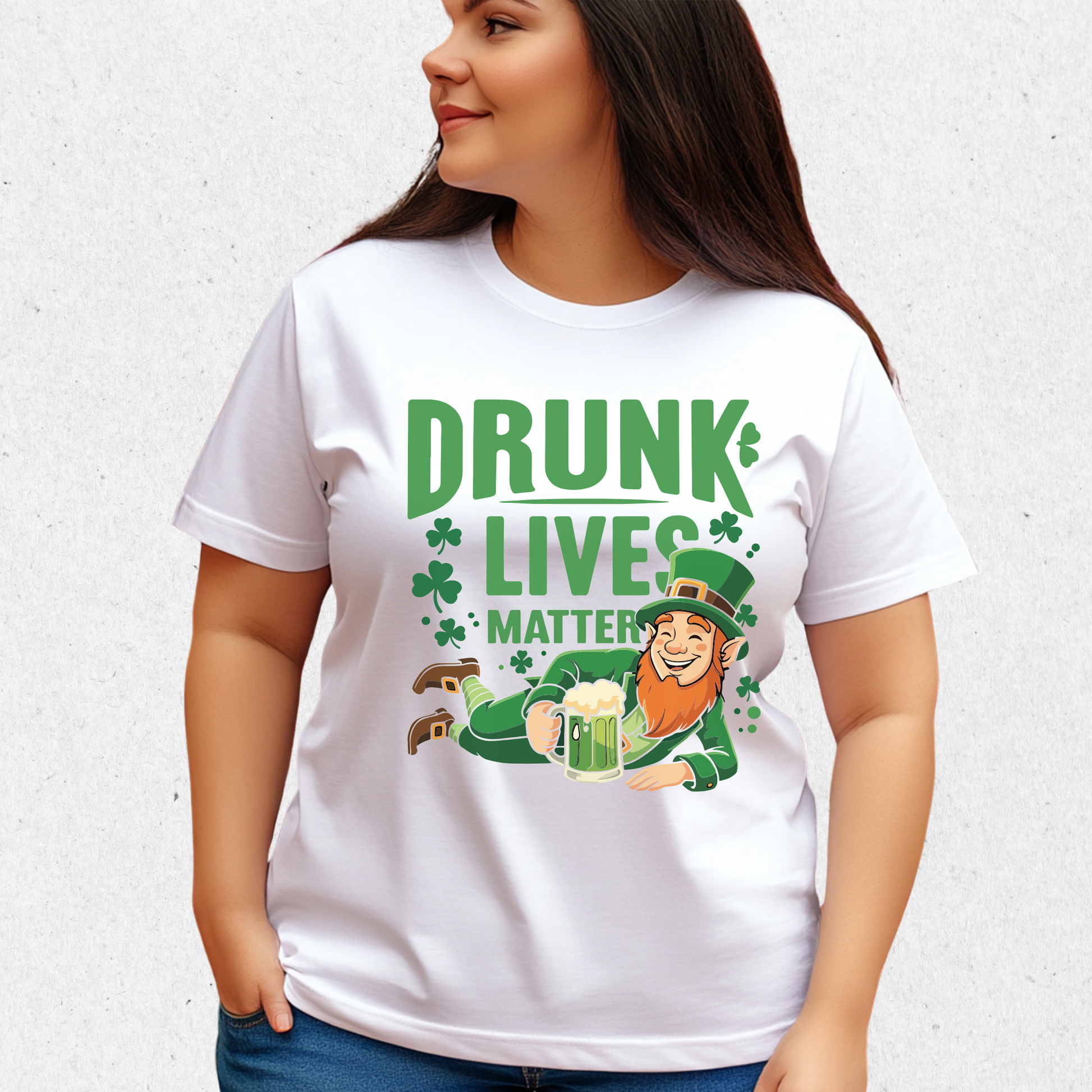 Plus sized Woman wearing a white Drunk Lives Matter Tshirt with a leprechaun holding a beer mug