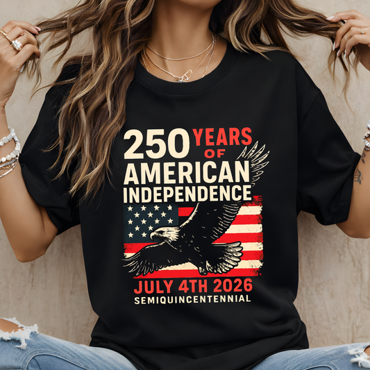 Women wearing black t-shirt with 250 Years of American Independence July 4th 2026 eagle design
