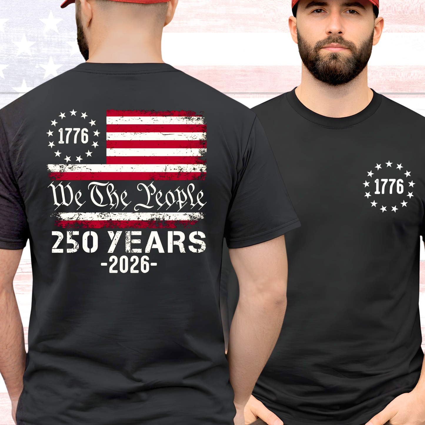 Person wearing a black t-shirt with American flag and text design on the back, and a circular design on the front.
