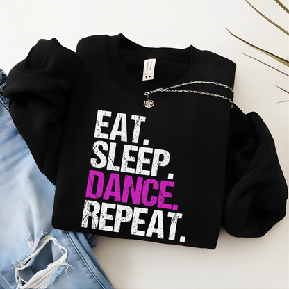 Flat lay black youth dance sweatshirt with bold distressed “Eat Sleep Dance Repeat” graphic, cozy girls dancer crewneck.