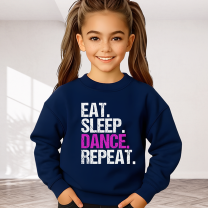 Girl wearing navy youth dance sweatshirt with distressed “Eat Sleep Dance Repeat” design, cozy dancer crewneck for kids.