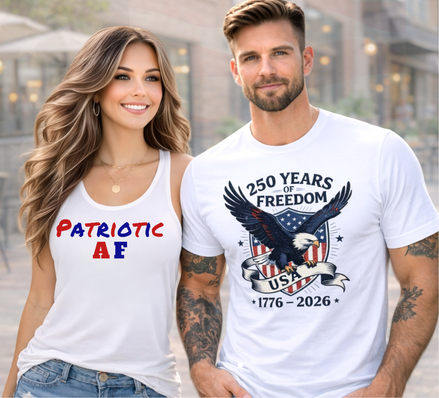 Man and woman wearing white t-shirts with patriotic designs outdoors.