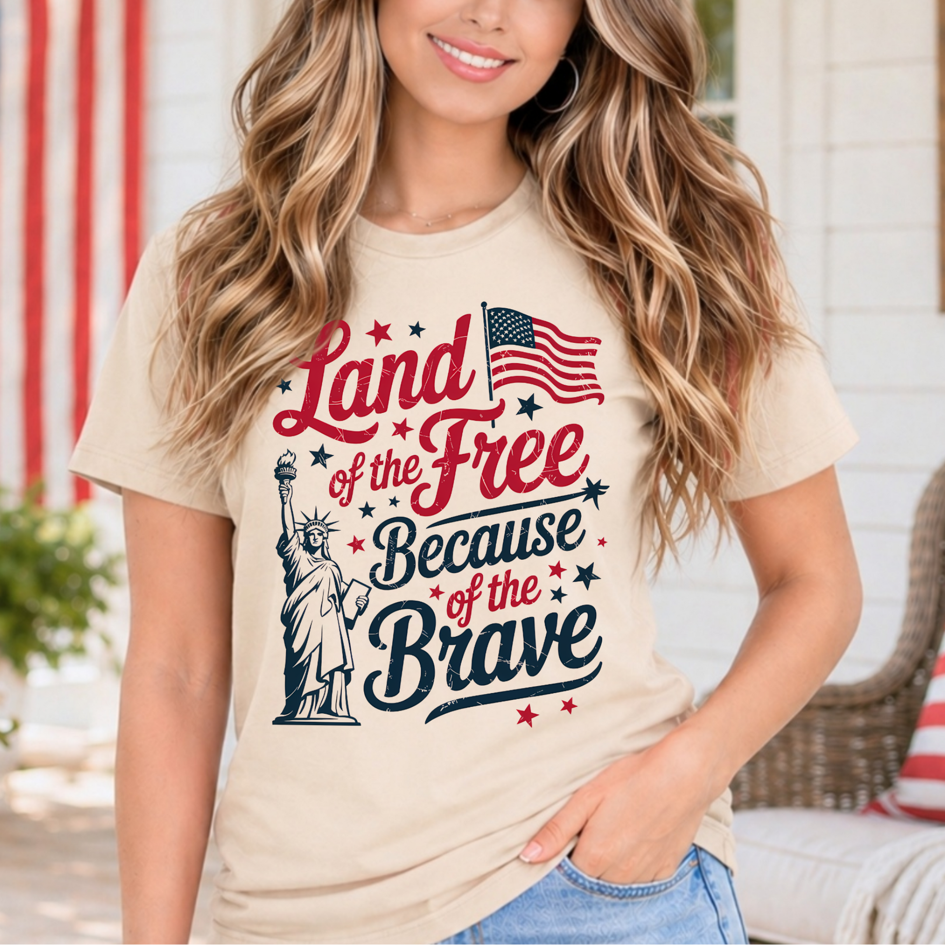 Woman wearing a t-shirt with 'Land of the Free Because of the Brave' design, standing outdoors.