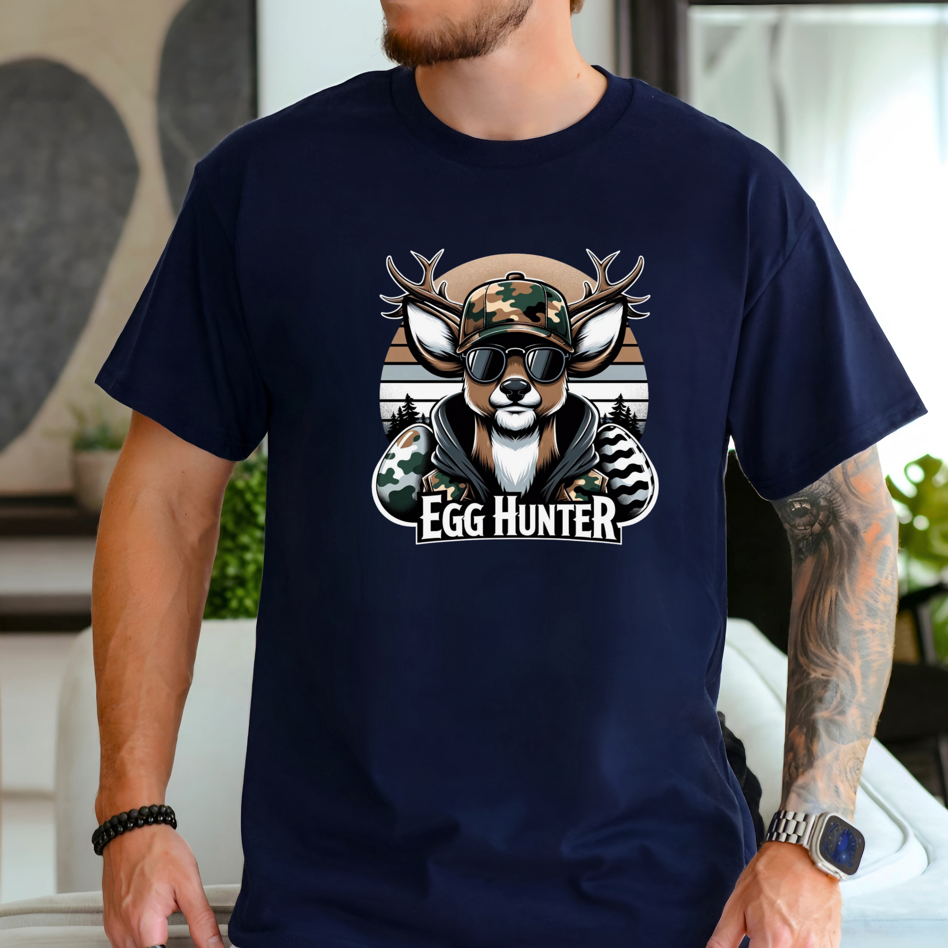 Navy-blue Egg-Hunter-Shirt featuring a camo deer with sunglasses and Easter eggs, perfect for hunters and outdoor lovers.