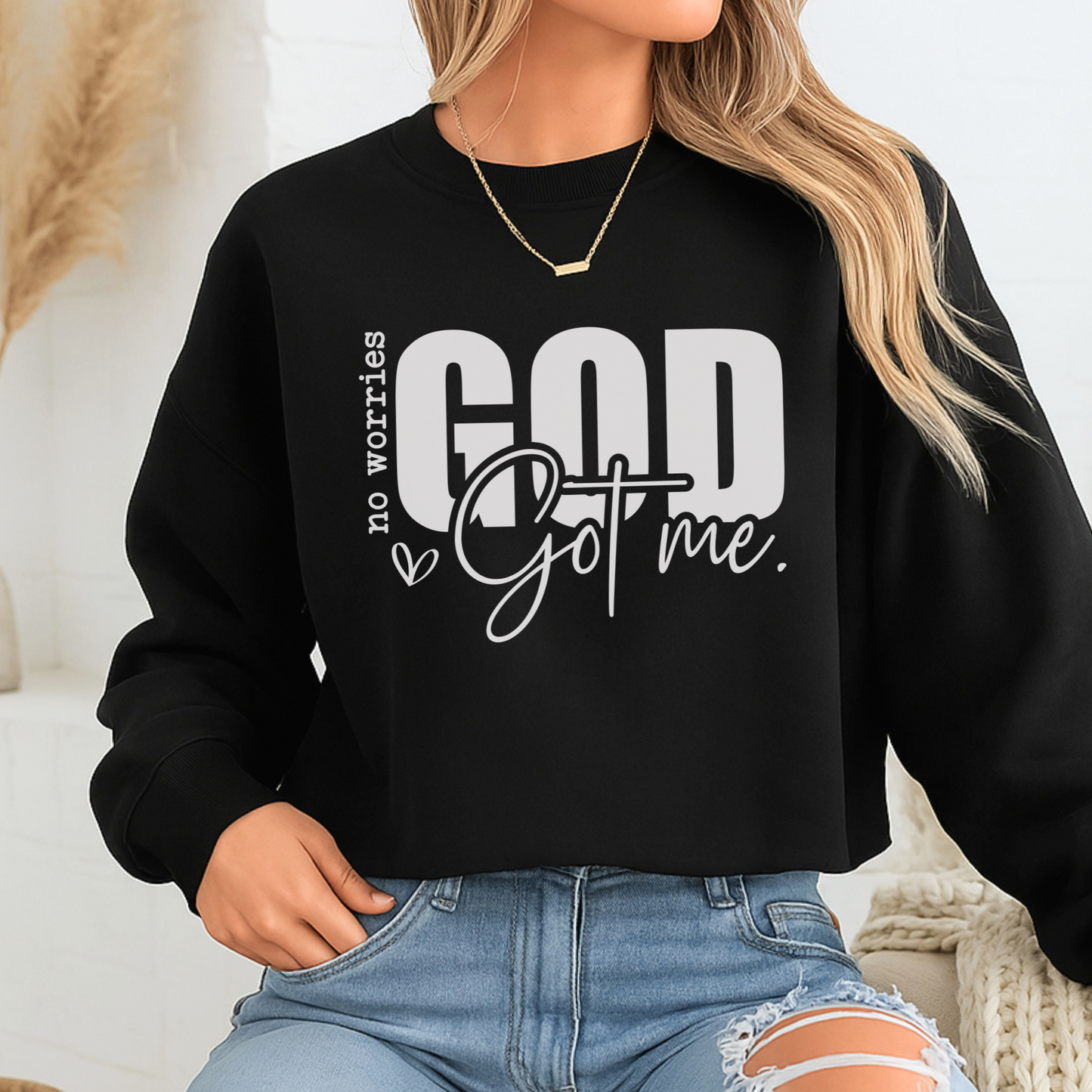 Classic black God Got Me sweatshirt front view – inspirational Christian apparel
