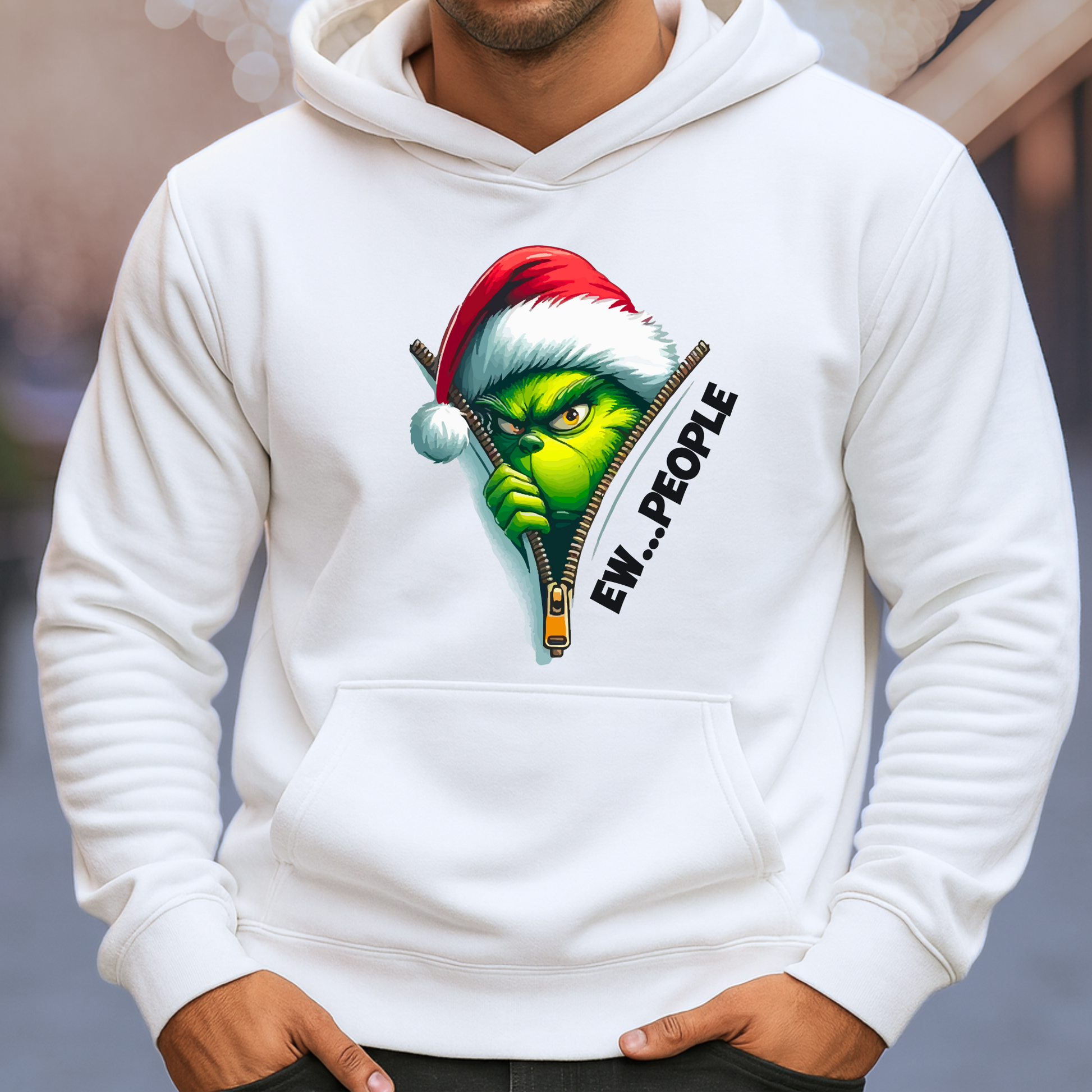 White unisex hoodie with Ew People Christmas zipper graphic and Santa hat design.