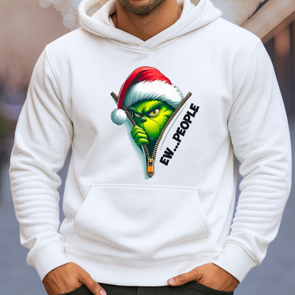White unisex hoodie with Ew People Christmas zipper graphic and Santa hat design.