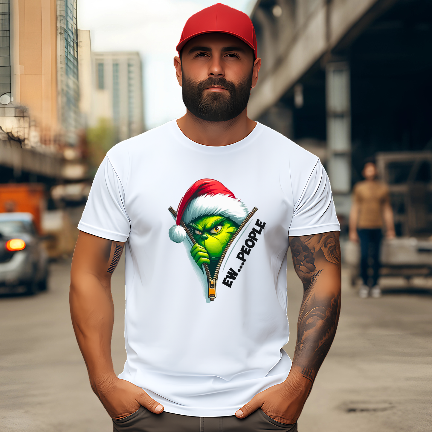 White unisex t-shirt featuring Ew People zipper holiday graphic, outdoor street scene.