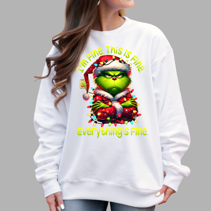 White unisex sweatshirt with I’m Fine Christmas holiday lights graphic, cozy winter outfit.