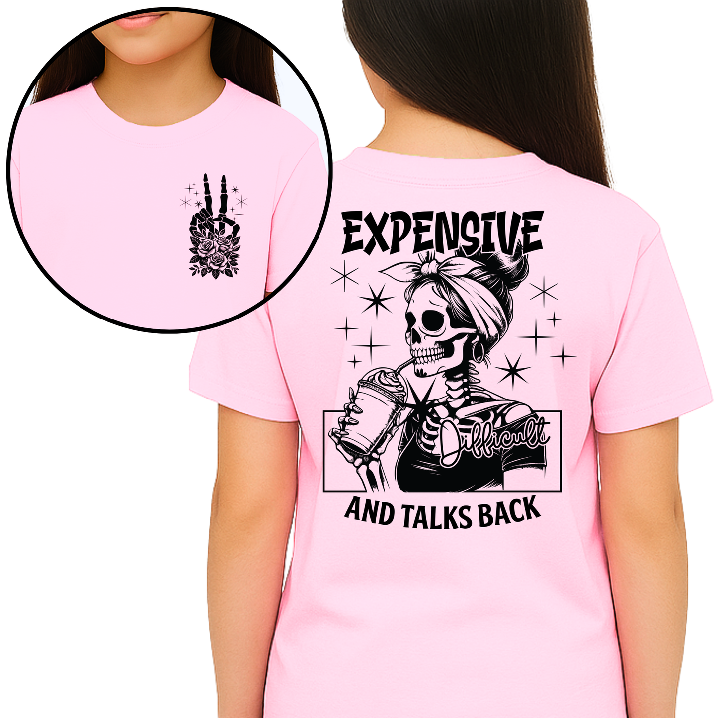 Youth girl wearing light pink skeleton graphic tee, back view