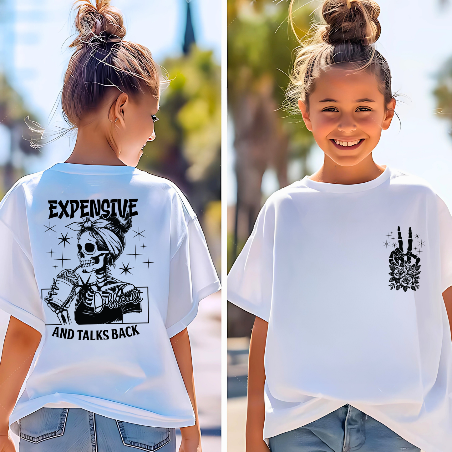 Tween girl smiling in white tee, outdoor background