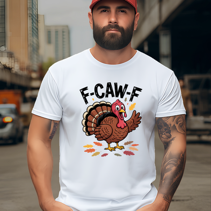 White F-CAW-F men’s T-shirt with cartoon turkey graphic – tall size option available