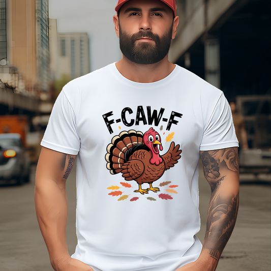 White F-CAW-F men’s T-shirt with cartoon turkey graphic – tall size option available