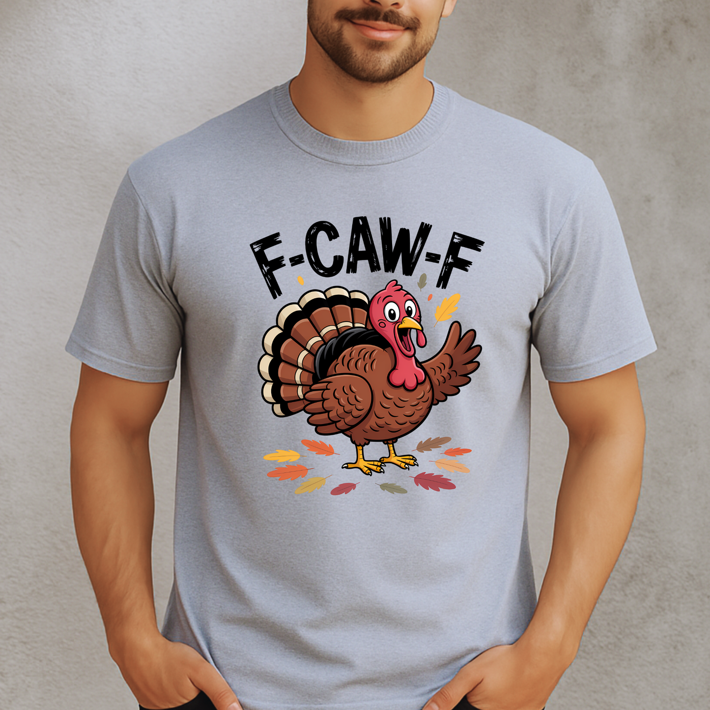 Funny F-CAW-F turkey graphic on men’s sports gray T-shirt – Thanksgiving humor design