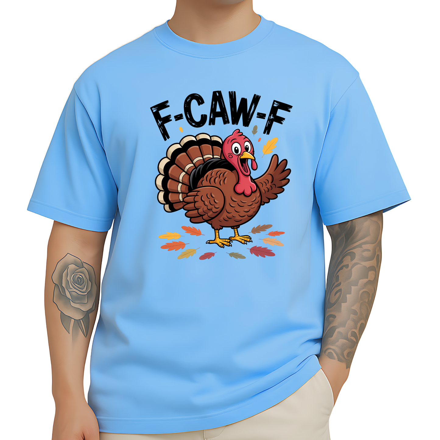 F-CAW-F turkey design on light blue men’s T-shirt – funny fall holiday shirt