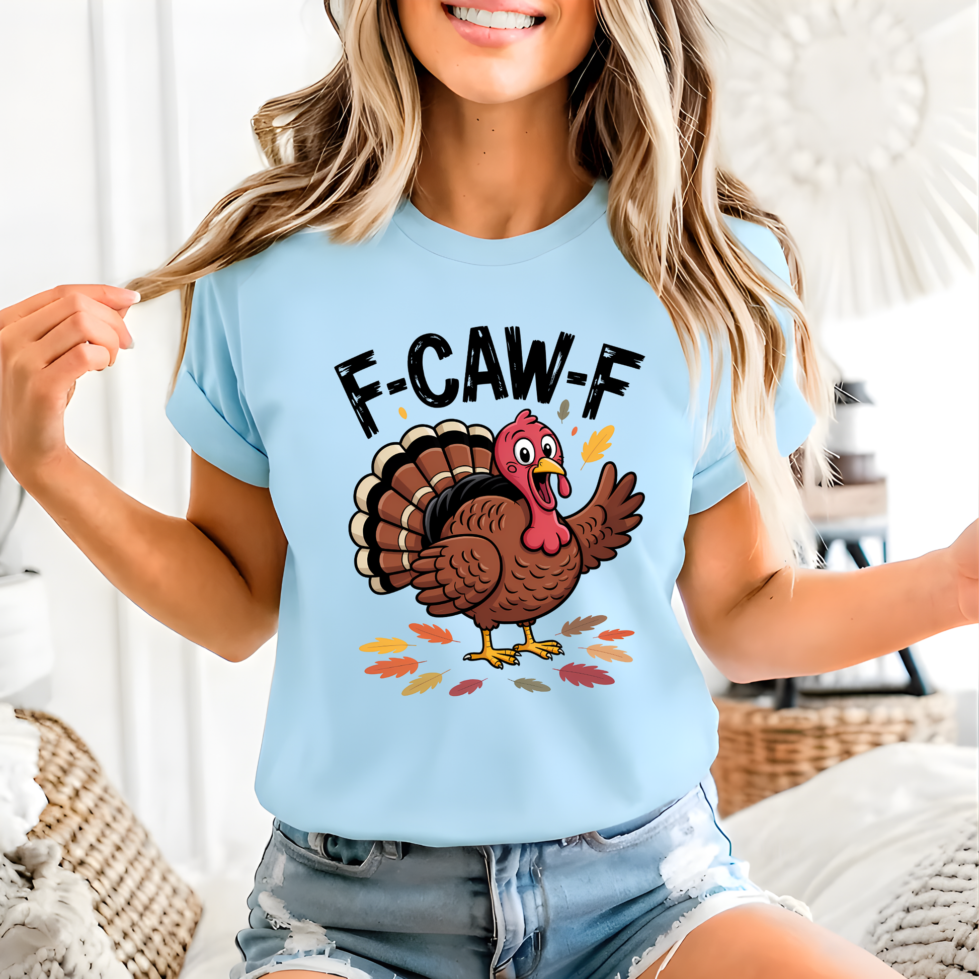 Light Blue F-CAW-F Funny Turkey Thanksgiving Shirt – woman smiling and wearing blue unisex fall graphic tee with turkey print