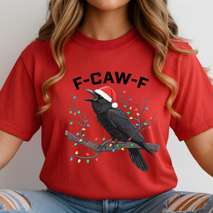 Woman wearing red Christmas crow shirt with Santa hat design and holiday lights.