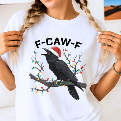 Woman wearing white Christmas crow shirt with F-CAW-F text and lights.