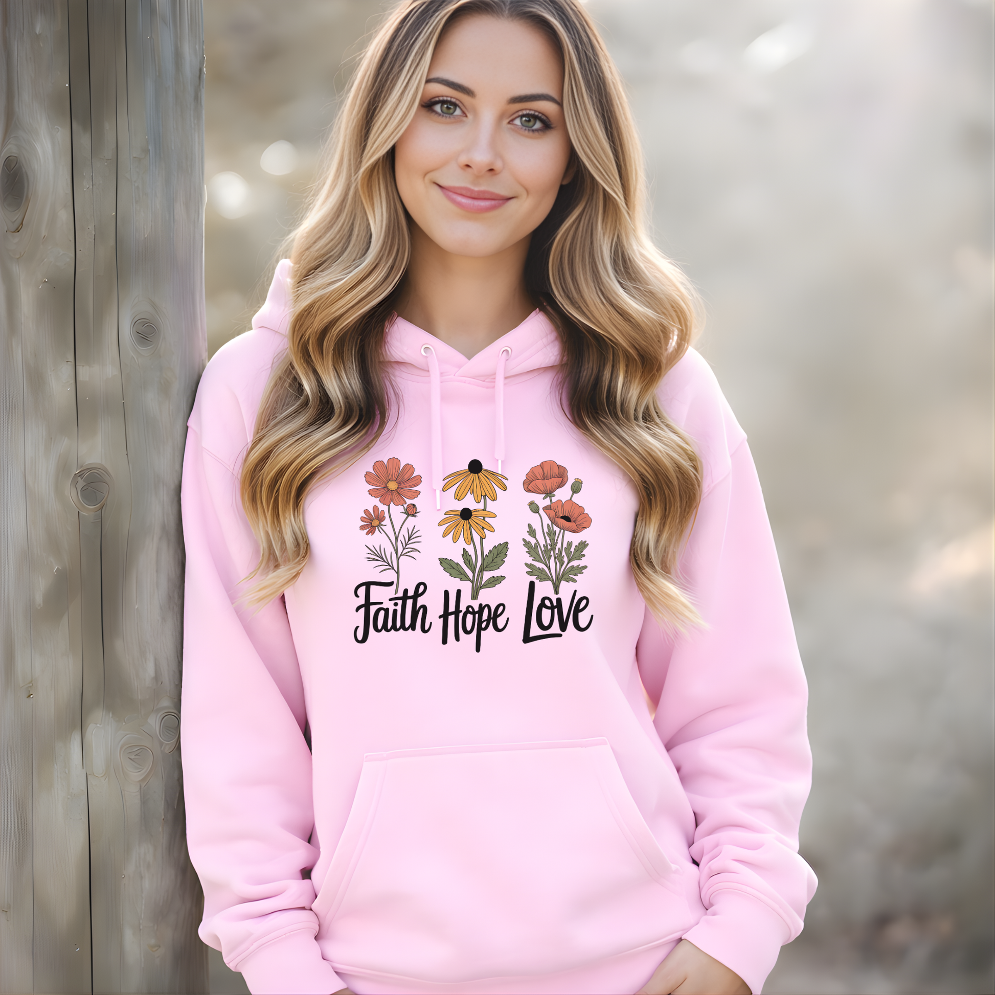 Woman wearing a pink hoodie with floral designs and 'Faith Hope Love' text against a wooden background.