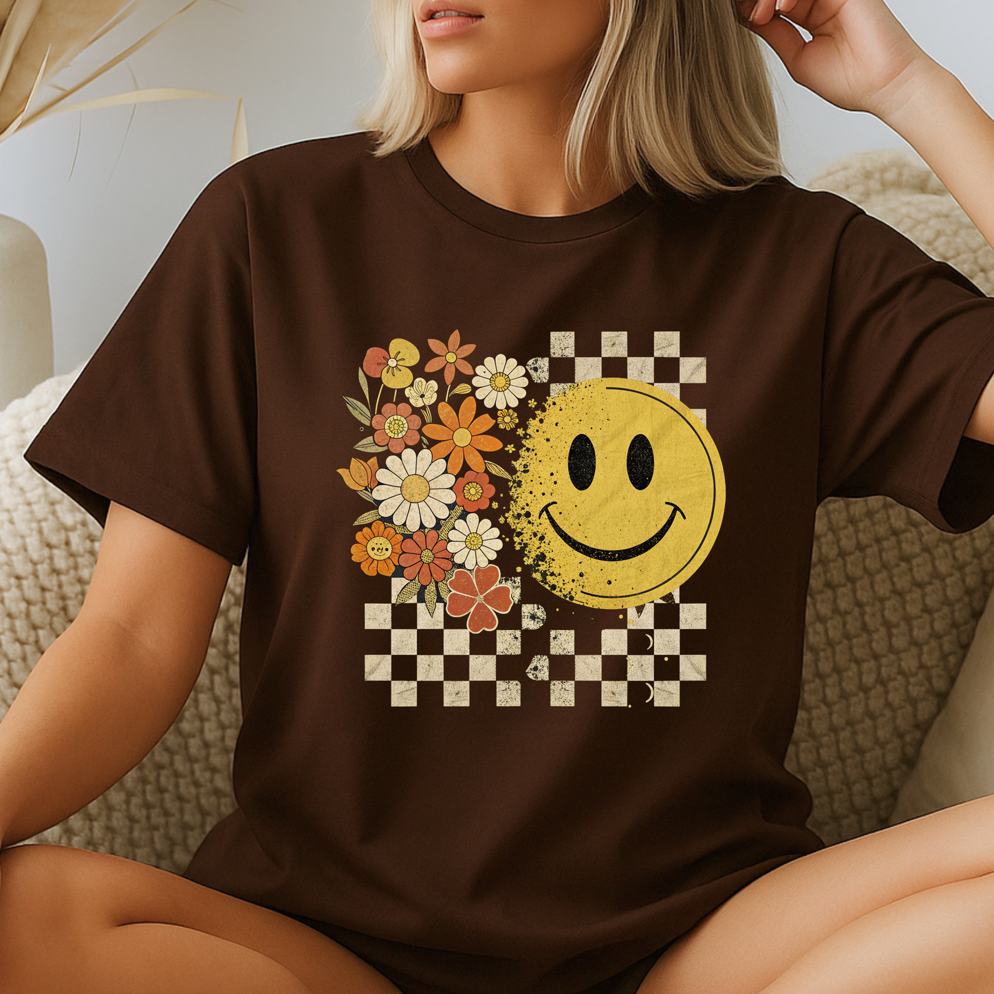 Brown t-shirt with vintage floral and smiley face fall graphic