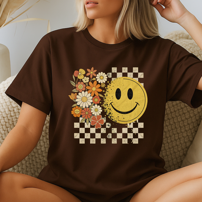 Brown t-shirt with vintage floral and smiley face fall graphic
