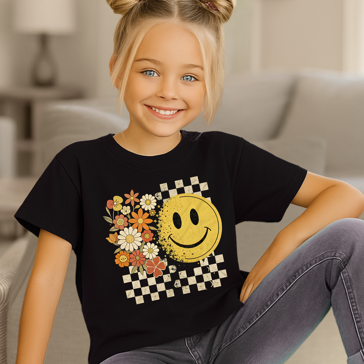 Youth girl wearing fall smiley face t-shirt with floral and checkerboard design
