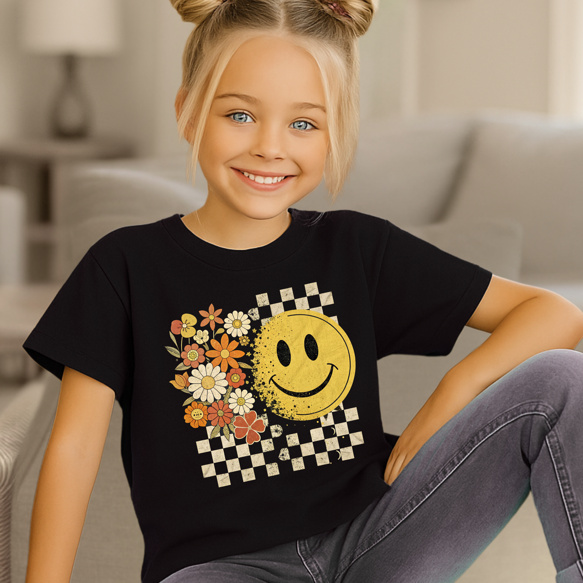 Youth girl wearing fall smiley face t-shirt with floral and checkerboard design
