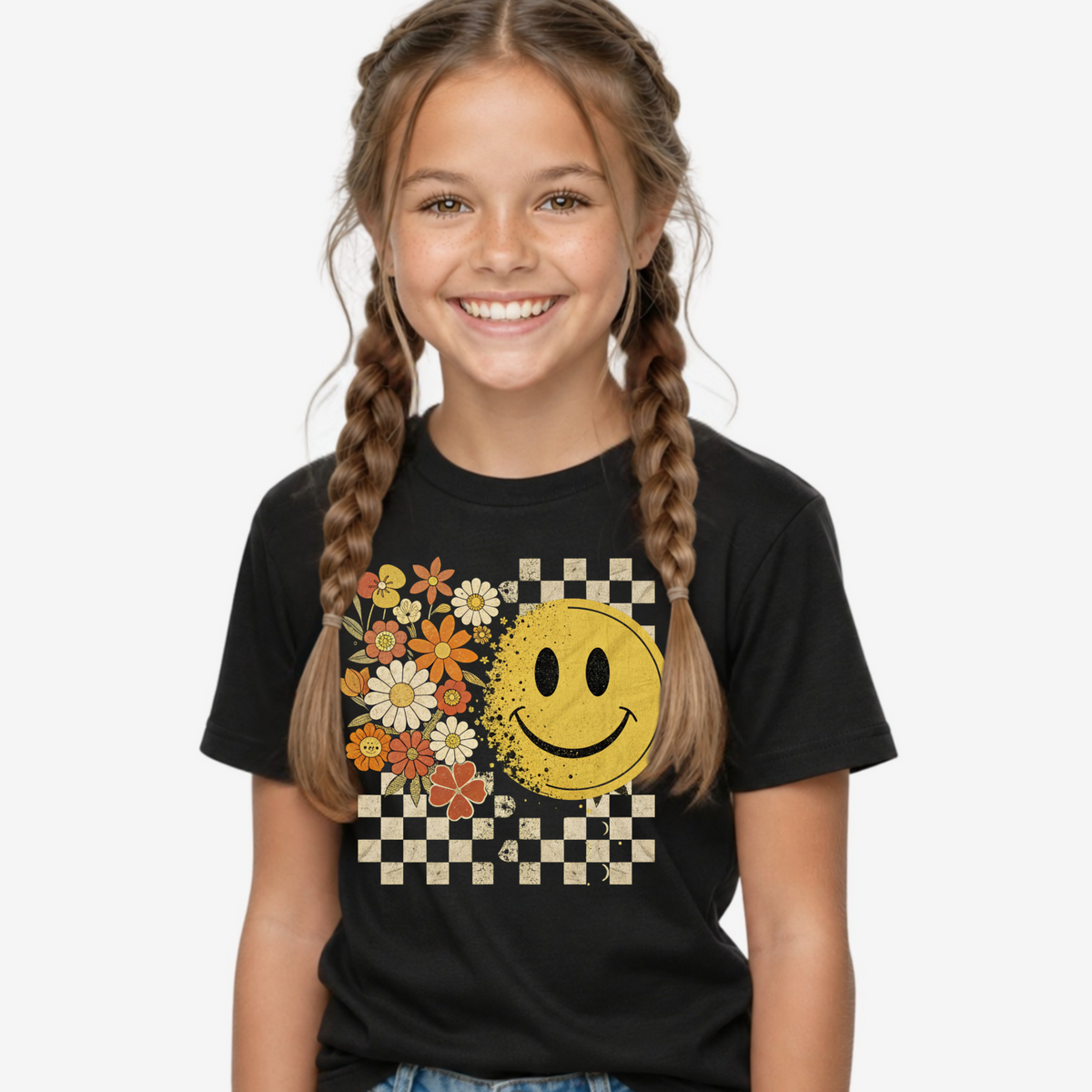 Youth black T-shirt with retro floral smiley face and checkerboard graphic