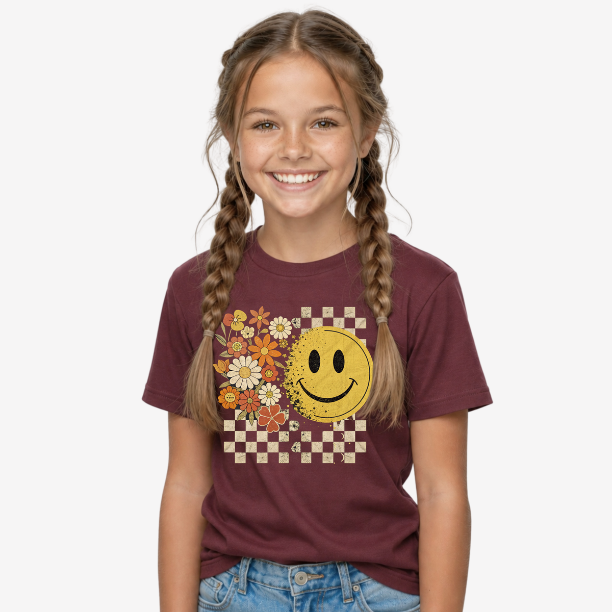 Youth maroon T-shirt with retro floral smiley face and checkerboard graphic